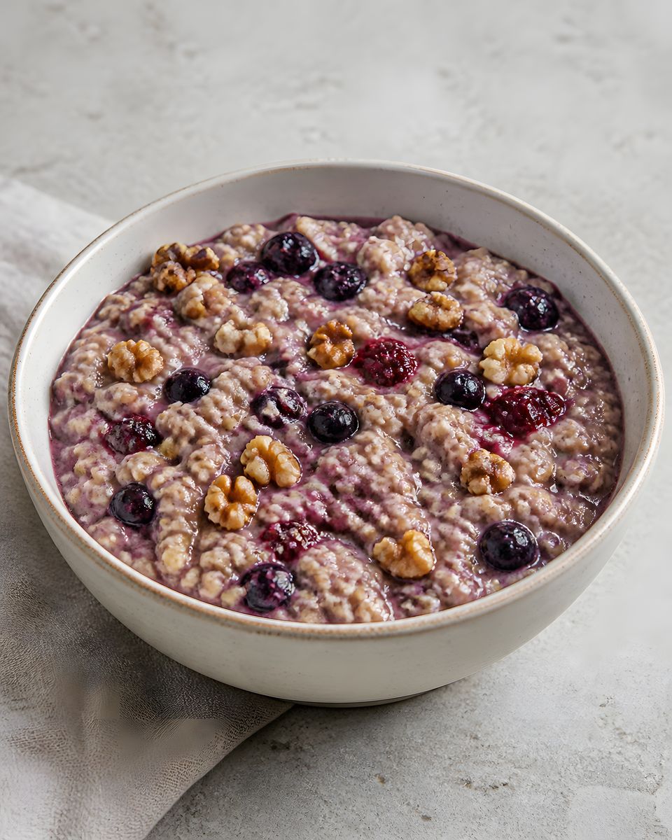 A serving of berry and walnut overnight oats.