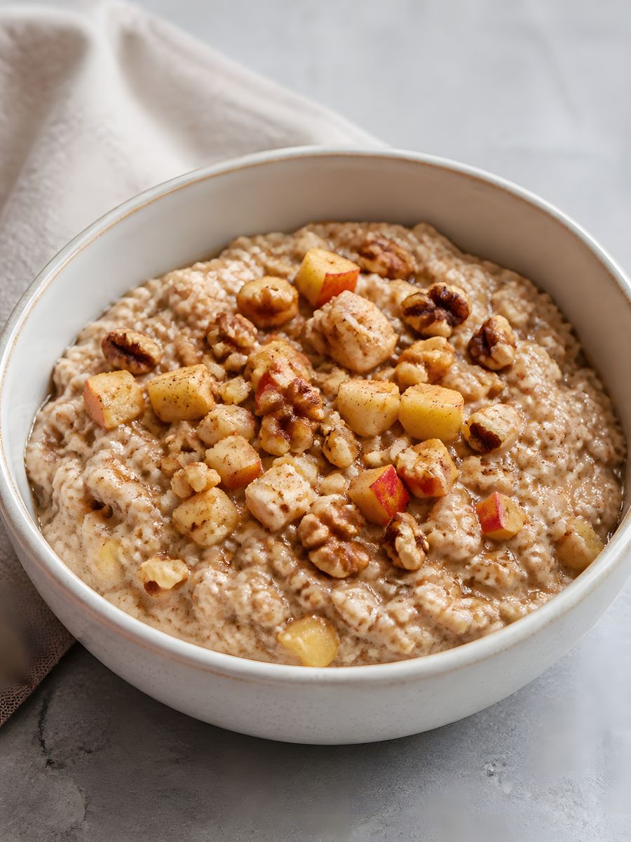 A serving of apple-cinnamon walnut porridge.