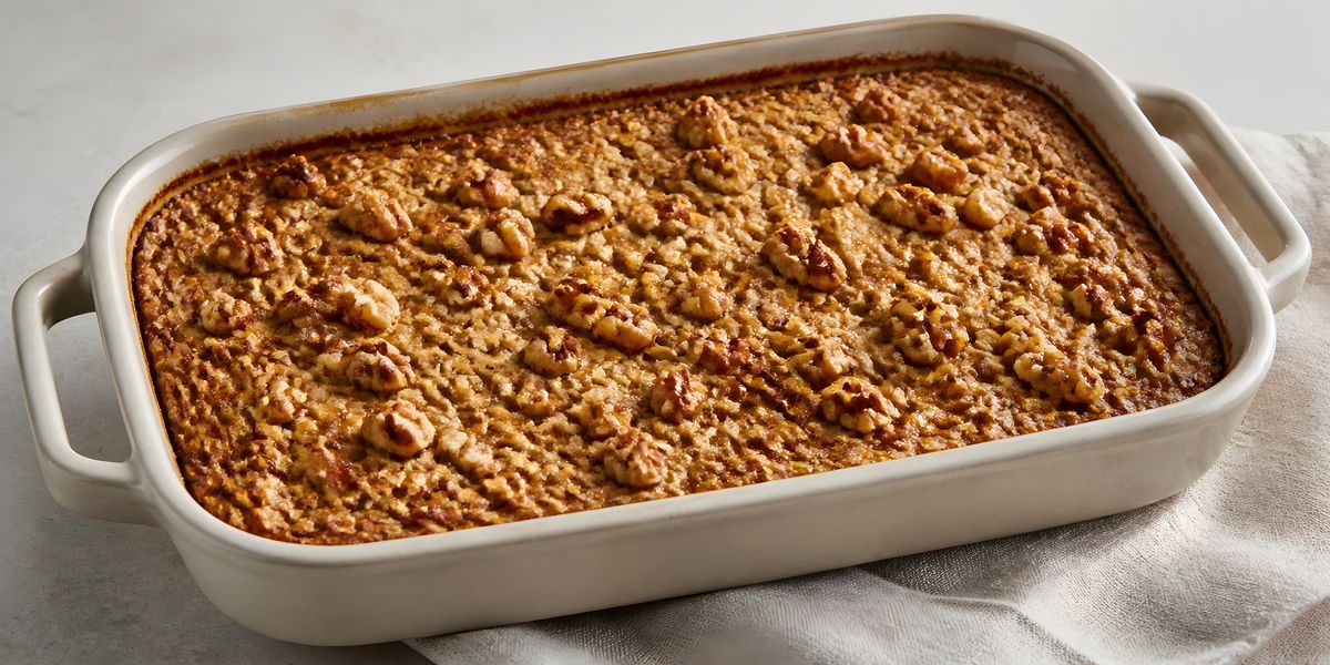 The finished banana-walnut baked oats in its cooking dish.