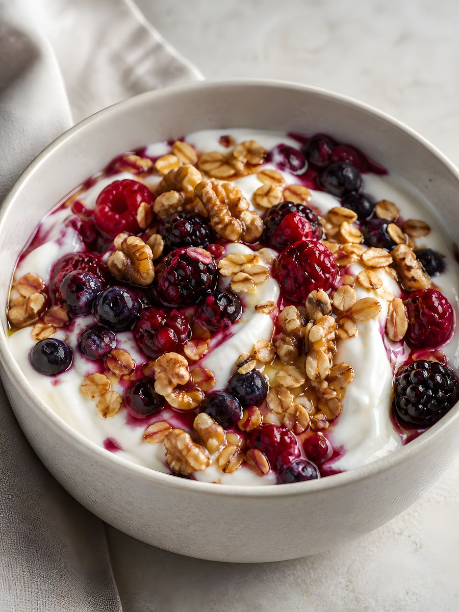 A serving of greek yoghurt, berry and oat breakfast bowl.