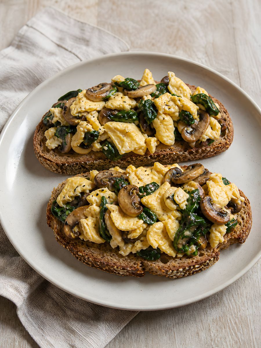 A serving of mushroom and spinach eggs on wholegrain toast.