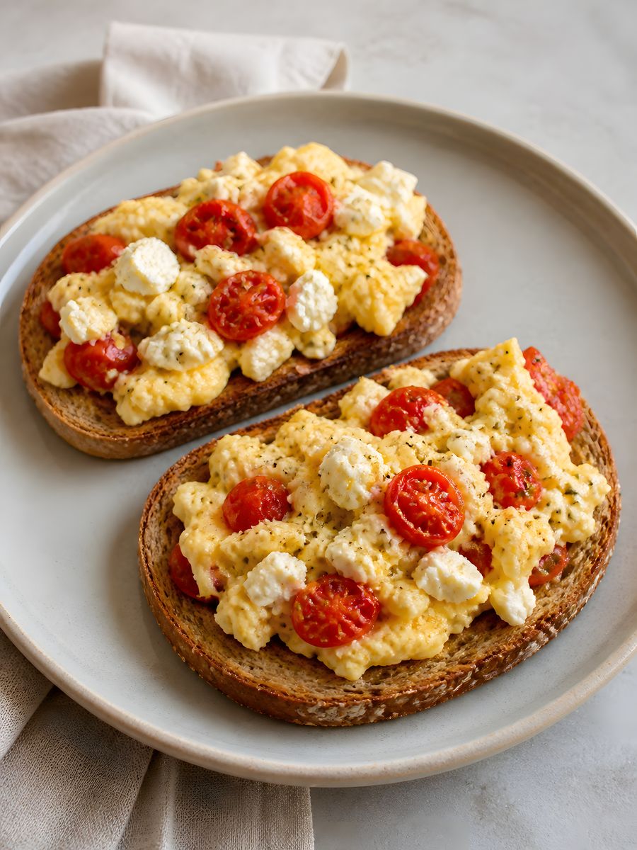 A serving of tomato-feta scrambled eggs on toast.