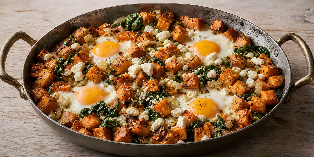 A skillet of browned sweet potato and wilted spinach topped with eggs and a light feta crumble.