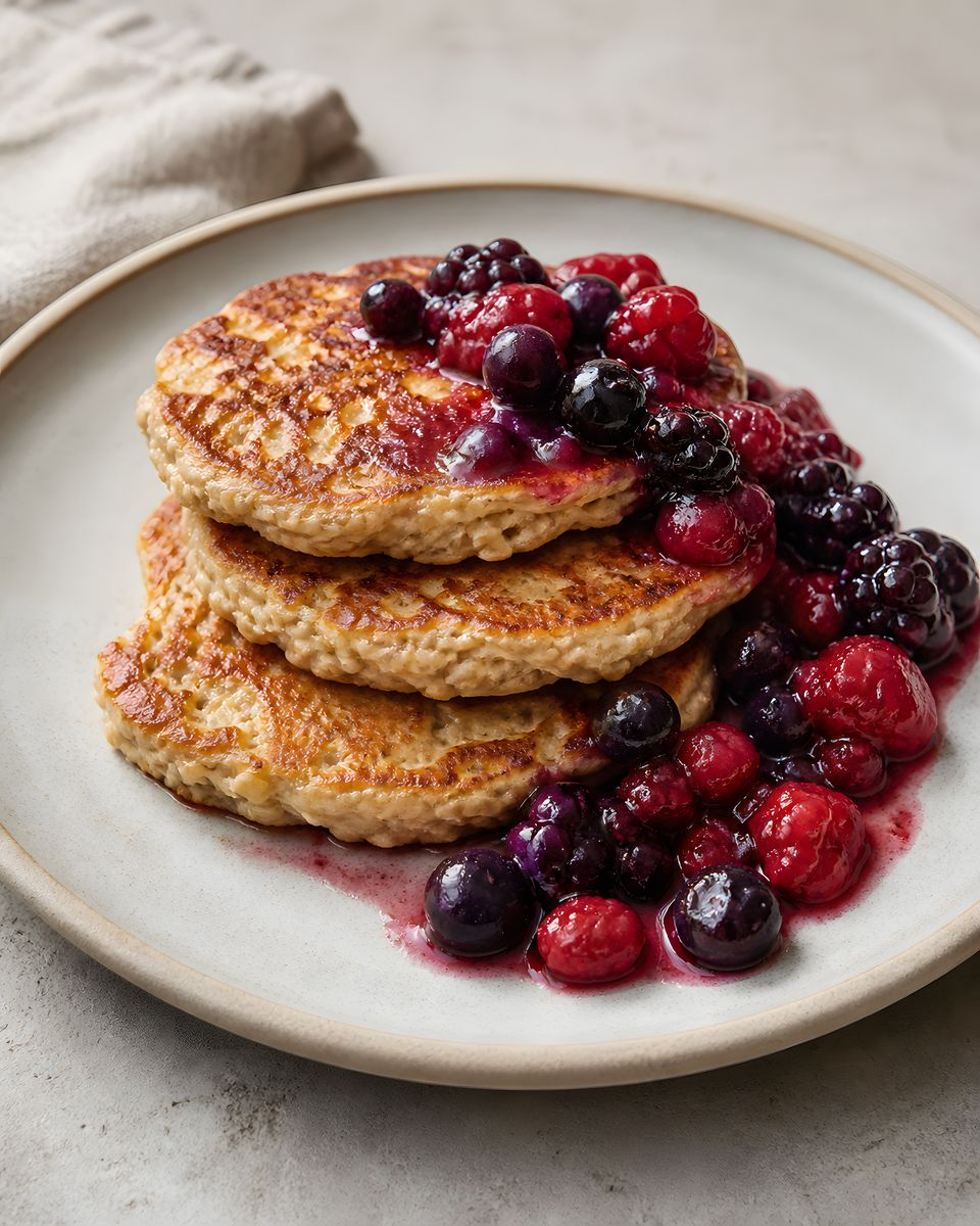 A serving of berry-banana oat pancakes.