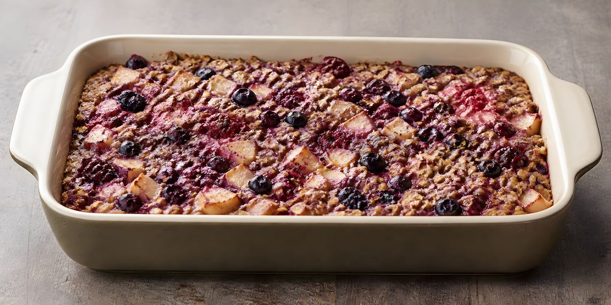 The finished apple-berry breakfast oat bake in its cooking dish.
