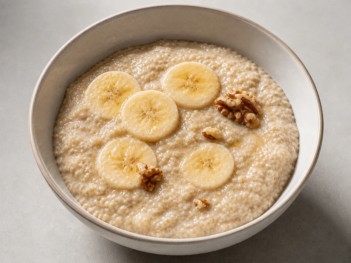 Quinoa Porridge with Banana and Cinnamon. Quinoa simmered in milk until the grains uncurl and go creamy, sweetened with banana mashed straight into the pot so it thickens the whole thing rather than sitting on top.