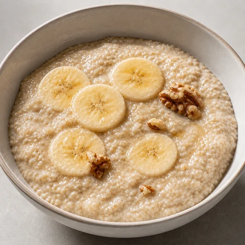 Quinoa Porridge with Banana and Cinnamon. Quinoa simmered in milk until the grains uncurl and go creamy, sweetened with banana mashed straight into the pot so it thickens the whole thing rather than sitting on top.
