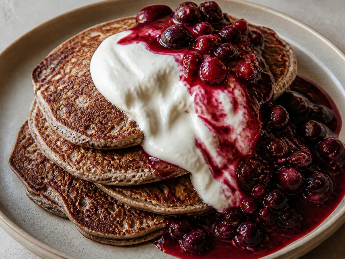 Buckwheat Pancakes with Yoghurt and Berries. Nutty buckwheat pancakes made without any gluten-containing flour, cooked in a lightly buttered pan and served with yoghurt and a berry compote made while the batter rests.