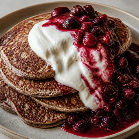 Buckwheat Pancakes with Yoghurt and Berries. Nutty buckwheat pancakes made without any gluten-containing flour, cooked in a lightly buttered pan and served with yoghurt and a berry compote made while the batter rests.