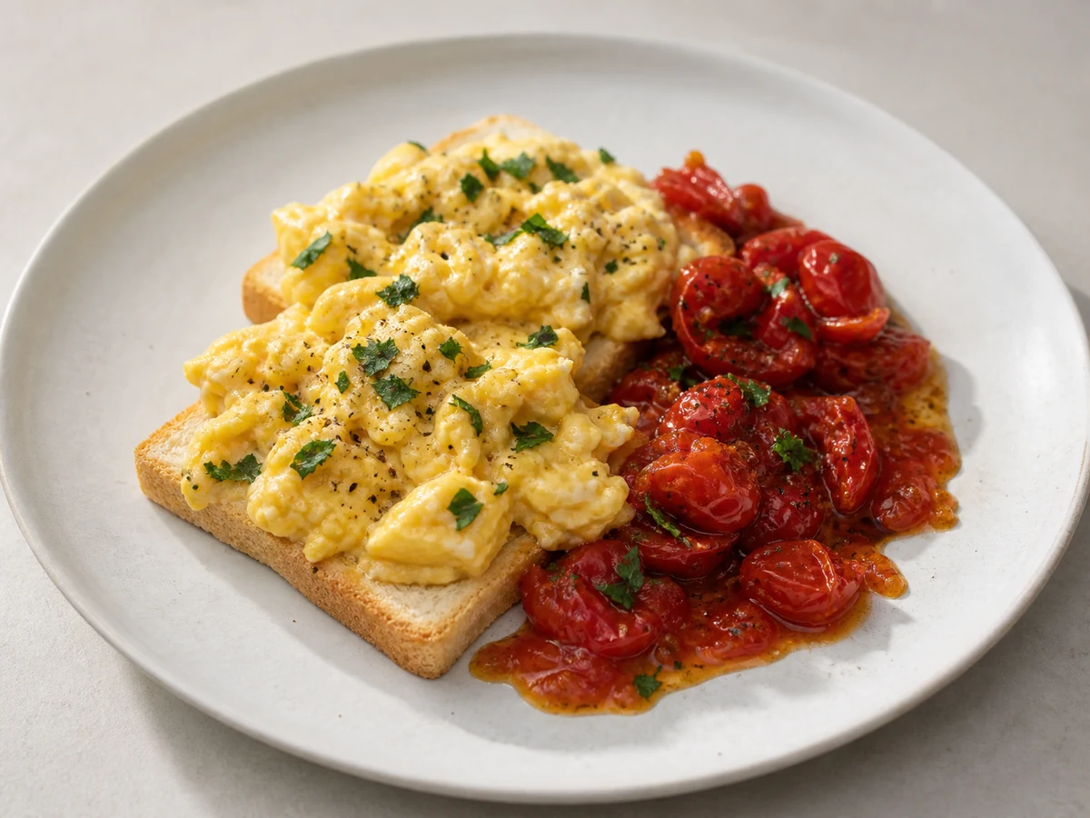 Scrambled Eggs with Tomatoes on Gluten-Free Toast. Soft scrambled eggs with tomatoes cooked down to a jammy spoonful, on gluten-free toast that has been toasted properly rather than warmed.