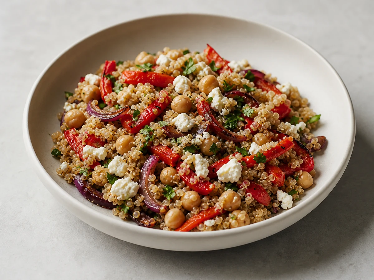 Quinoa, Chickpea and Roast Capsicum Salad. Quinoa cooked and cooled, tossed with chickpeas, capsicum roasted until the edges catch, and enough lemon and parsley to stop it tasting worthy.