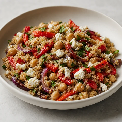 Quinoa, Chickpea and Roast Capsicum Salad. Quinoa cooked and cooled, tossed with chickpeas, capsicum roasted until the edges catch, and enough lemon and parsley to stop it tasting worthy.