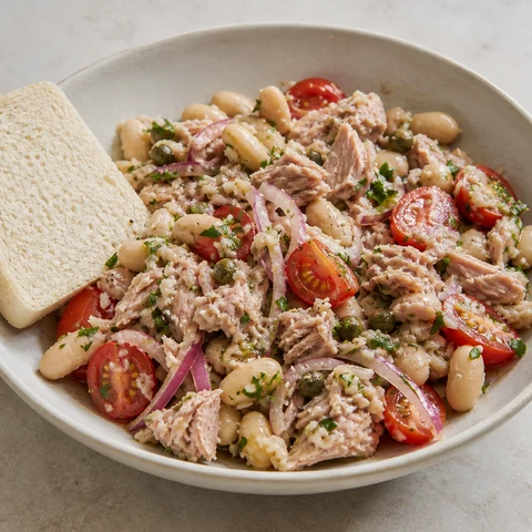 Tuna, White Bean and Parsley Salad. Store-cupboard lunch that takes as long as opening two tins. White beans crushed slightly so they hold the dressing, tuna in large flakes, and a lot of parsley.
