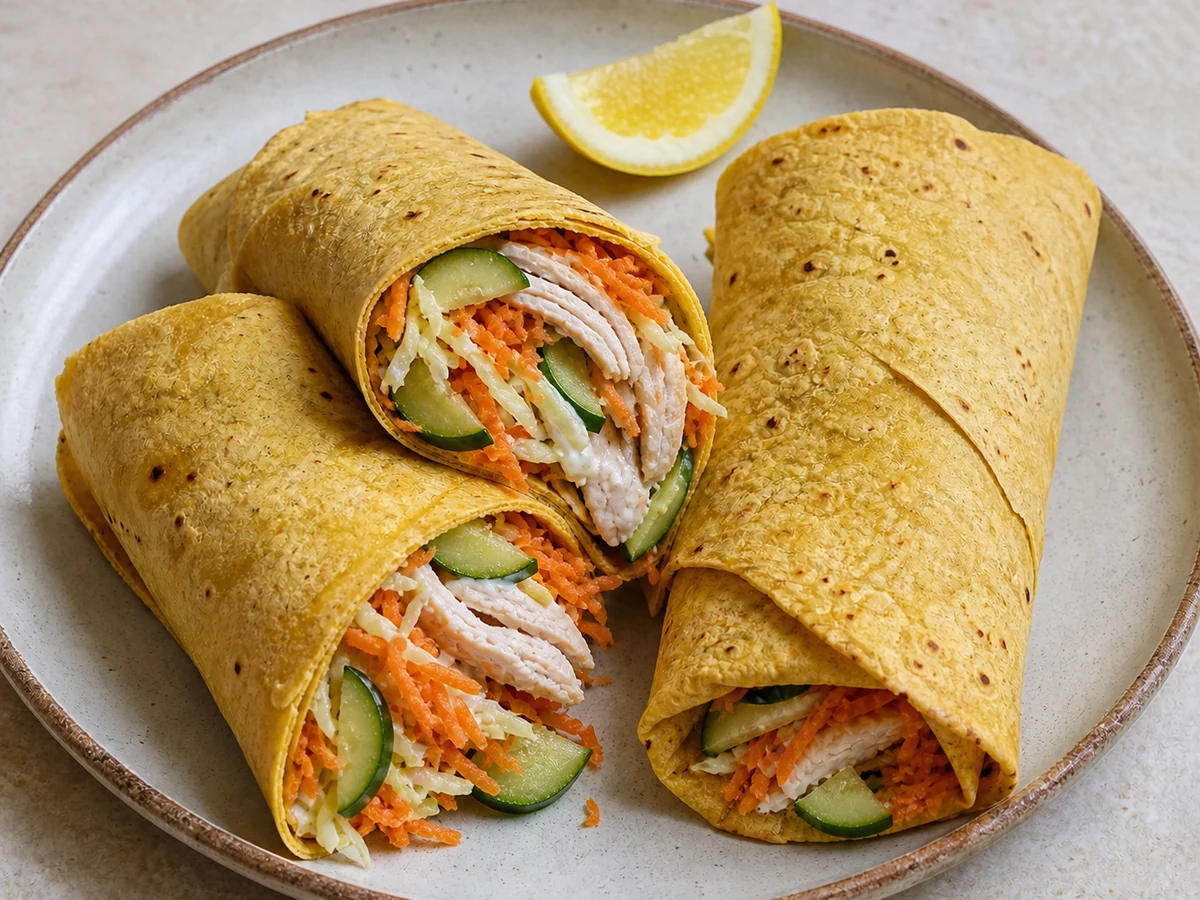 Chicken and Salad Corn Tortilla Wraps. Corn tortillas warmed until they are pliable, filled with poached chicken, crunchy salad and a lemon-yoghurt dressing.
