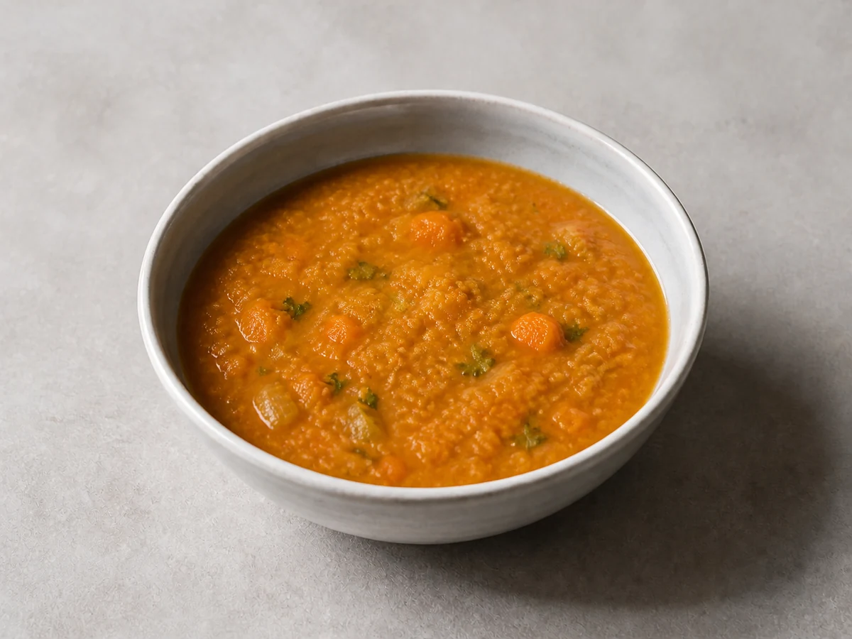 Red Lentil, Carrot and Celery Soup. Red lentils cooked down with carrot and celery until they collapse into a thick soup that needs no blending, with cumin and lemon.