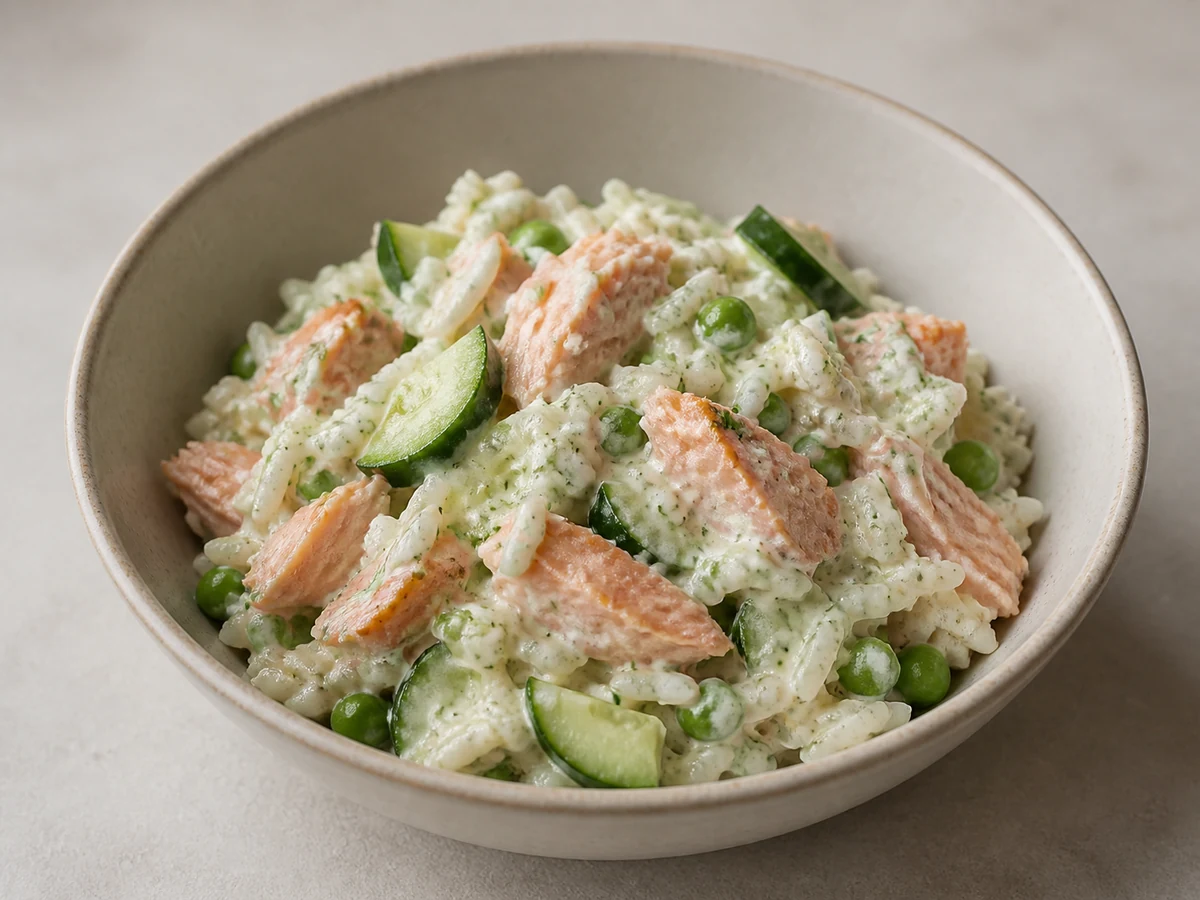 Rice Salad with Salmon, Cucumber and Dill. Cold rice salad with roast salmon flaked through it, cucumber for crunch and a dill-yoghurt dressing loosened with lemon.