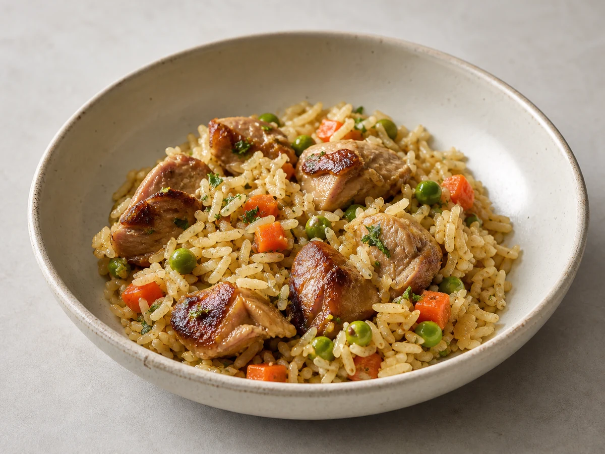 Chicken and Vegetable Rice Pilaf. Everything cooked in one pan: chicken browned first, then rice toasted in the same fat and simmered with stock until the grains stand separate.