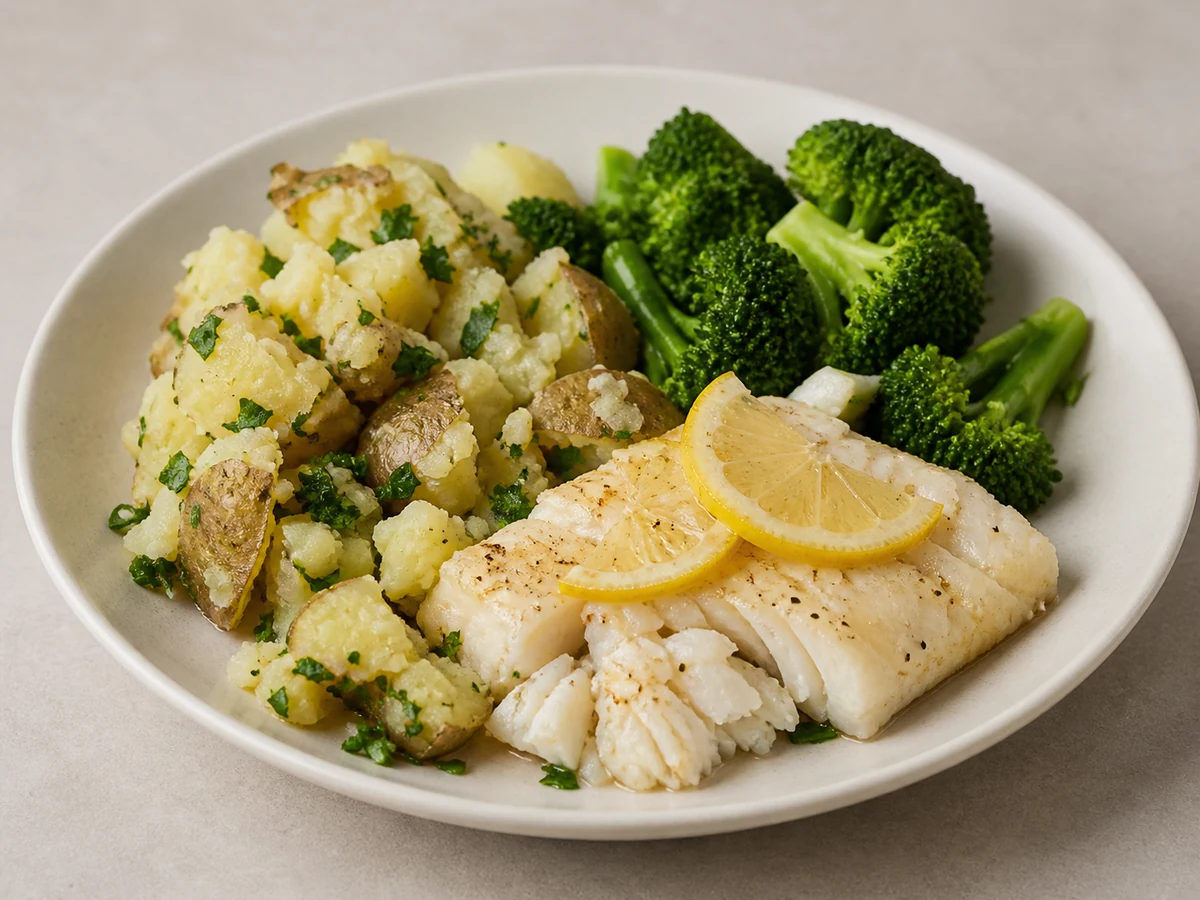 Baked White Fish with Crushed Potato and Broccoli. White fish baked on a tray with lemon while potatoes boil and get crushed with olive oil, and broccoli goes in the same pan for the last few minutes.