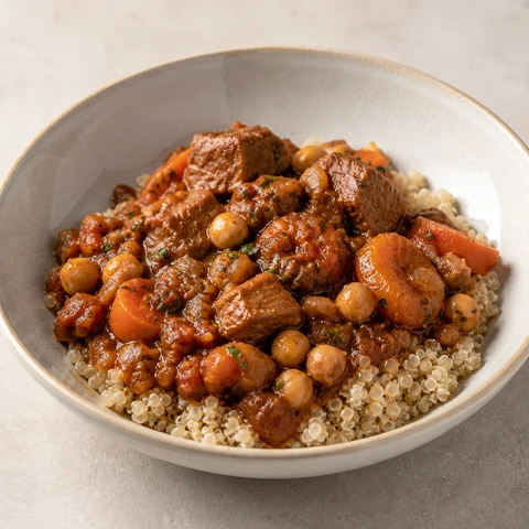 Lamb and Chickpea Tagine with Quinoa. Diced lamb braised slowly with chickpeas, apricots and warm spices until it pulls apart, served over quinoa.
