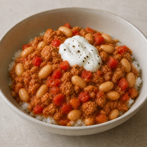 Turkey and Bean Chilli with Rice. Turkey mince browned properly and simmered with beans, tomatoes and smoked paprika until it thickens, over rice.