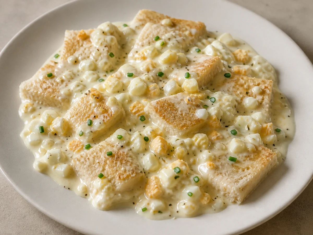 Creamed Eggs on Soft White Toast. Soft-boiled eggs chopped small and folded through a thin milk sauce, spooned over trimmed white toast and left a minute to soak in.
