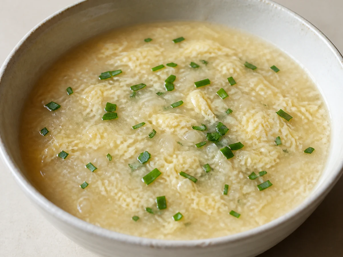 Rice Congee with Soft Egg and Ginger. White rice simmered slowly in a little over three times its weight in liquid until the grains burst and dissolve, with beaten egg poured in at the end so it sets in fine threads.