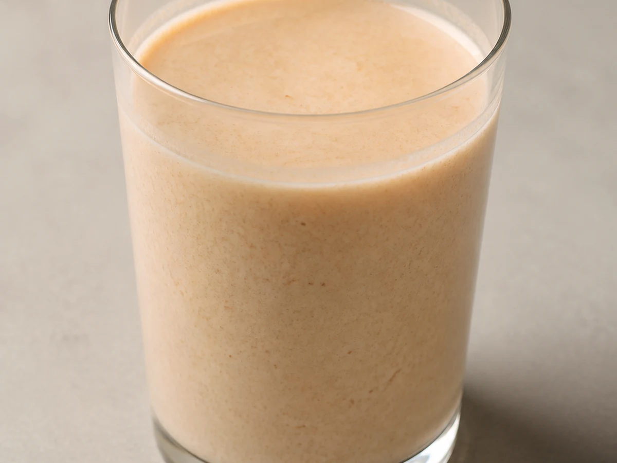 Peach and Vanilla Drinking Breakfast. Tinned peaches, Greek yoghurt and full-cream milk blended thin enough to drink, with milk powder stirred in first so the glass carries protein and energy rather than only sweetness.