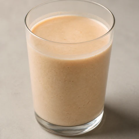 Peach and Vanilla Drinking Breakfast. Tinned peaches, Greek yoghurt and full-cream milk blended thin enough to drink, with milk powder stirred in first so the glass carries protein and energy rather than only sweetness.
