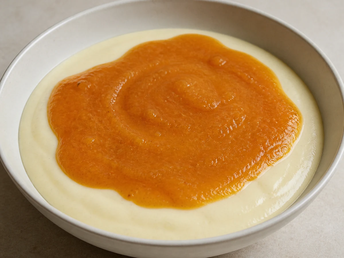 Chilled Vanilla Milk Pudding with Apricot Purée. A cornflour-set milk pudding, enriched with butter and milk powder and chilled until it just holds the shape of a spoon, with dried apricots stewed and blended smooth over the top.