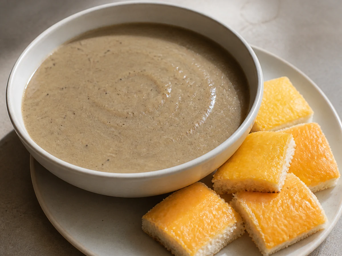 Smooth Mushroom Soup with Cheese Toast. Mushrooms cooked down hard with leek and thyme, thickened with potato and milk powder rather than cream, and served with a small round of soft cheese toast to dip and soften.