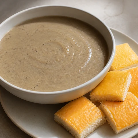 Smooth Mushroom Soup with Cheese Toast. Mushrooms cooked down hard with leek and thyme, thickened with potato and milk powder rather than cream, and served with a small round of soft cheese toast to dip and soften.