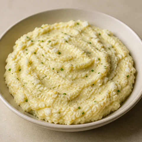 Softly Mashed Egg and Potato Salad with Yoghurt and Chives. Potatoes boiled to collapsing and crushed with yoghurt, olive oil and lemon, with finely chopped soft-boiled egg folded through and the whole thing served warm.