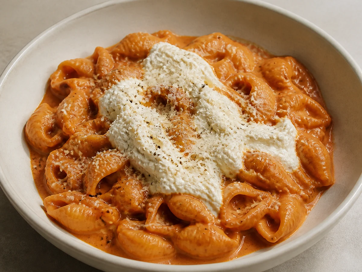 Soft Pasta with Smooth Tomato Sauce and Whipped Ricotta. Small pasta cooked well past al dente in a tomato sauce blended and sieved until it pours, with the rest of the ricotta tub whipped loose and spooned over.