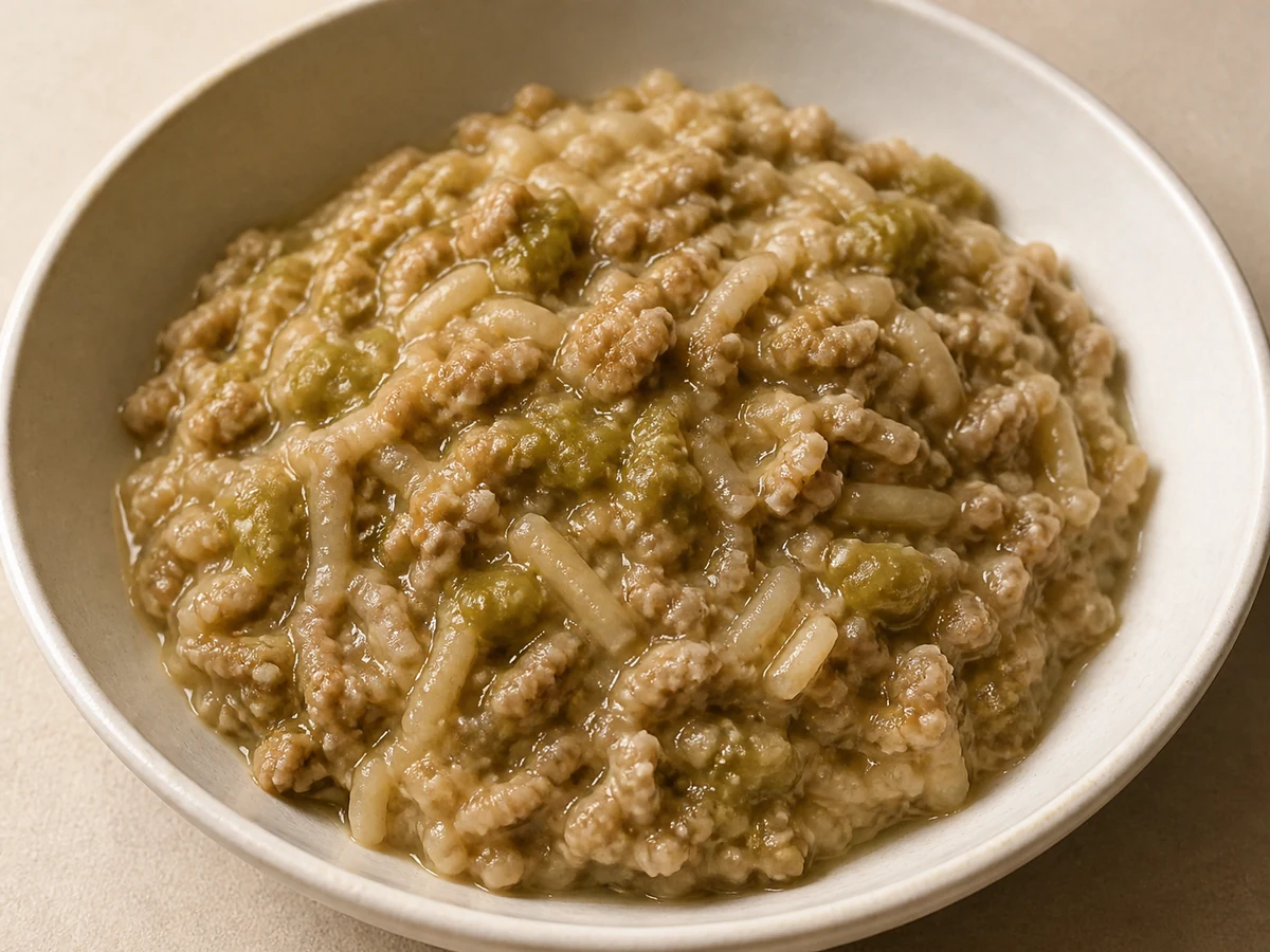 Soft Noodles with Fine Chicken, Peas and Ginger. Fine wheat noodles boiled soft and cut short, folded through chicken mince broken right down in a glossy ginger and soy sauce with crushed peas.