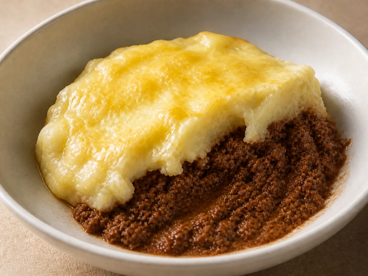 Cottage Pie with Fine Beef and Soft Potato Mash. Beef mince broken down to crumbs in a thickened gravy under a soft potato and cauliflower mash finished with cheddar, baked only until it is heated through rather than crusted.