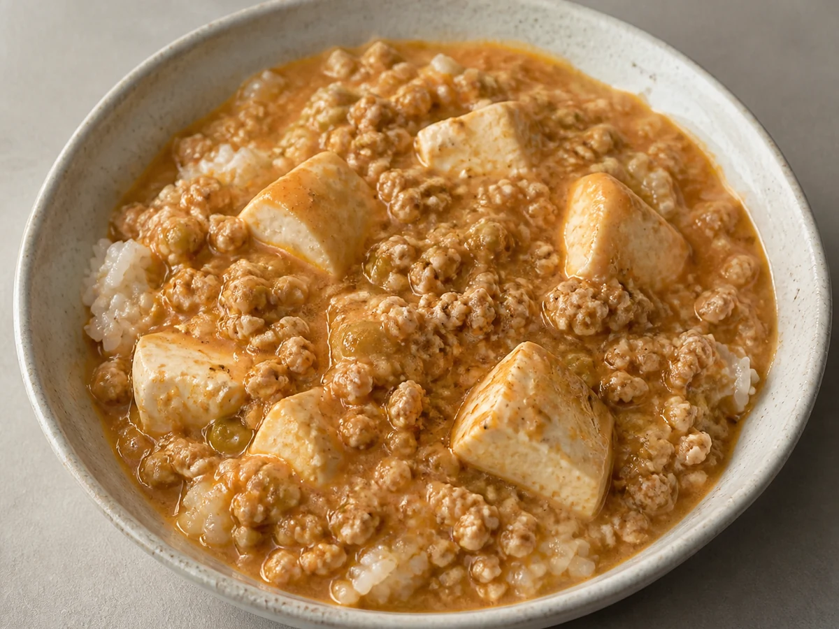 Braised Silken Tofu with Fine Chicken in a Mild Tomato Sauce. A block of silken tofu slid into a mild tomato sauce thick with finely broken chicken mince, spooned over rice cooked past the point of separate grains.