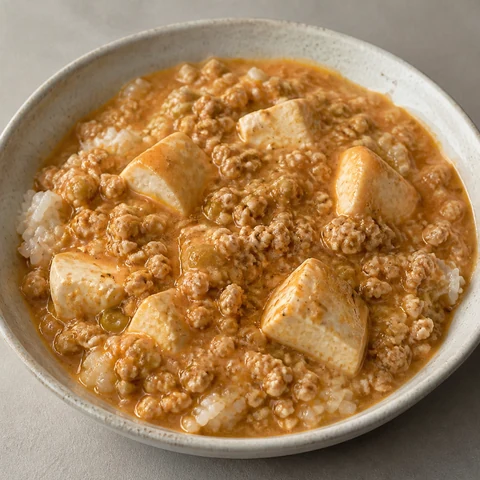 Braised Silken Tofu with Fine Chicken in a Mild Tomato Sauce. A block of silken tofu slid into a mild tomato sauce thick with finely broken chicken mince, spooned over rice cooked past the point of separate grains.
