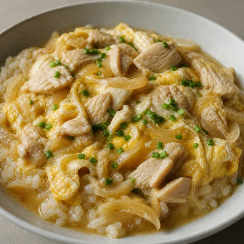 Simmered Chicken and Egg over Soft Rice. Chicken simmered in a sweet-savoury broth with onion and set with beaten egg poured over the top, spooned onto rice cooked deliberately soft.