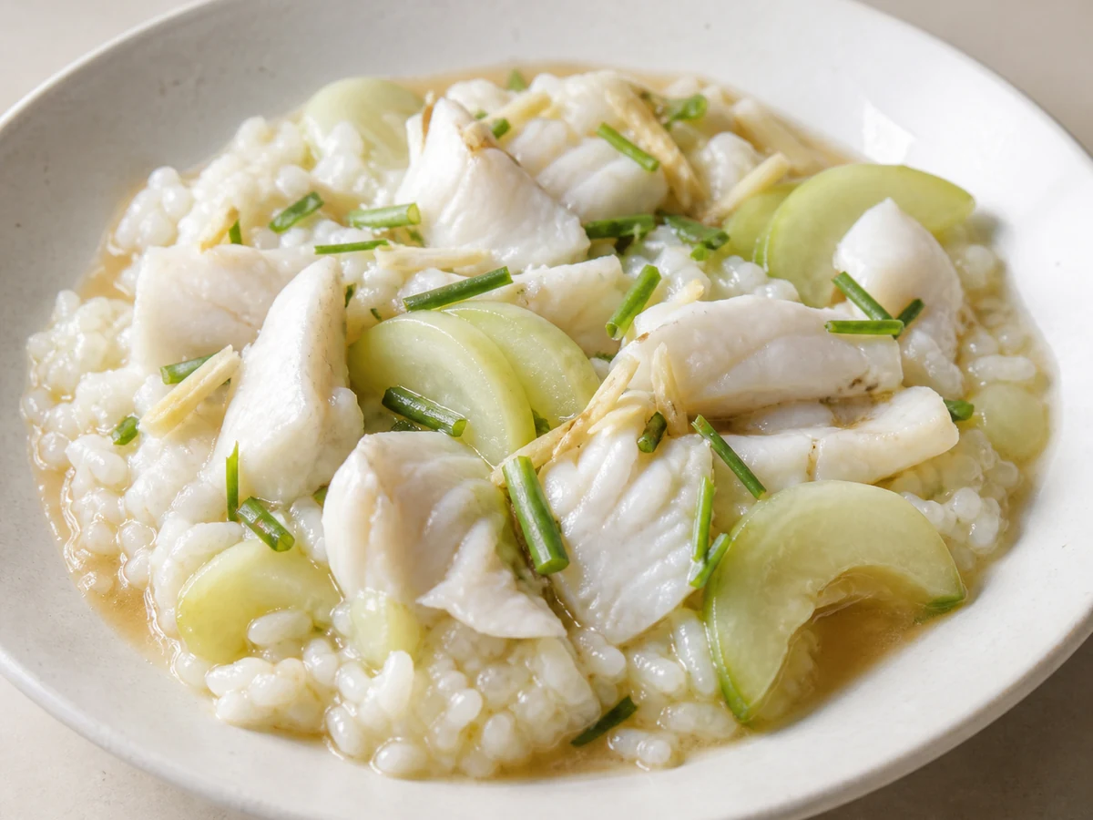 Steamed White Fish with Ginger and Chives on Soft Rice. Fish steamed until it falls into flakes, dressed with hot oil poured over shredded ginger and chives, with soft rice and zucchini cooked to giving point.