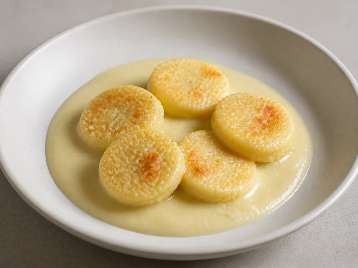 Baked Semolina Gnocchi with Parmesan and Creamed Leeks. Semolina cooked stiff in milk, set, cut into discs and baked with Parmesan, served on leeks softened right down and blended into a smooth cream.