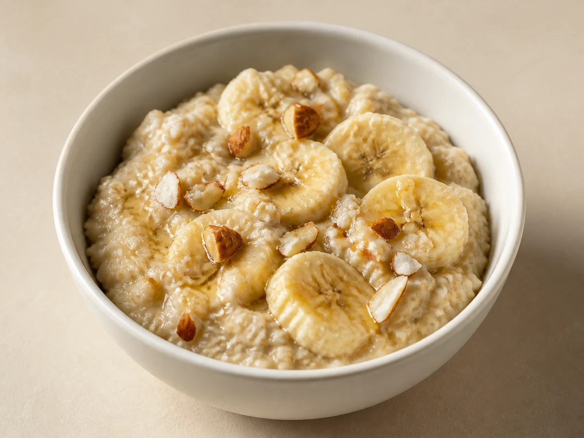 Oat Porridge with Banana and Almonds. Oats cooked properly soft in milk and water, with banana stirred through and almonds on top. A moderate bowl rather than a large one.