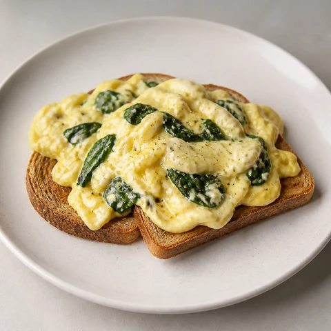 Scrambled Eggs with Spinach on Toast. Soft scrambled eggs with spinach wilted through them, on wholegrain toast. Cooked in butter rather than swimming in it.