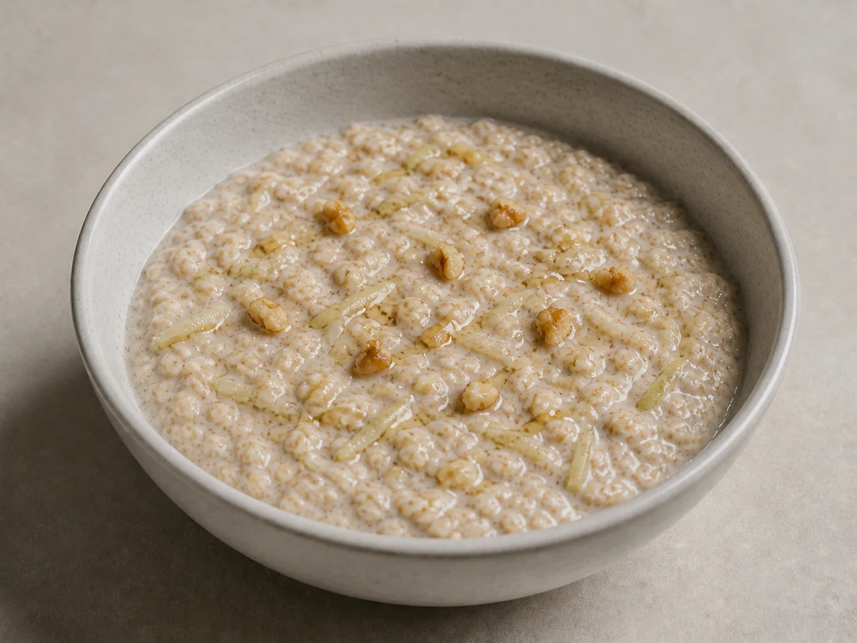 Yoghurt with Oats, Pear and Honey. Oats soaked overnight in yoghurt and milk so they are soft by morning, with grated pear through them. Nothing to cook.