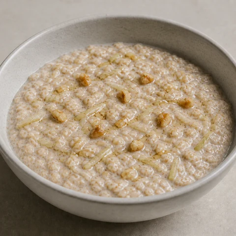 Yoghurt with Oats, Pear and Honey. Oats soaked overnight in yoghurt and milk so they are soft by morning, with grated pear through them. Nothing to cook.