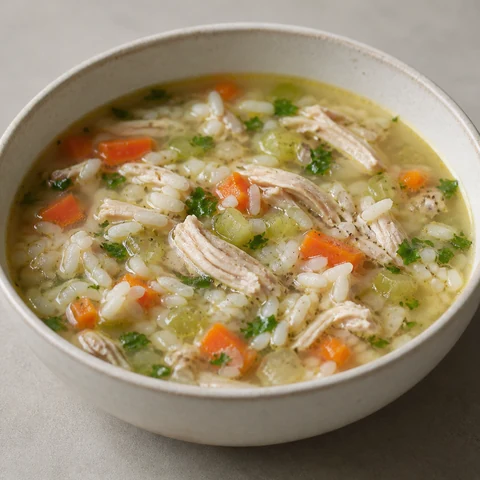 Chicken and Rice Soup with Carrot. A clear, mild soup with shredded chicken and rice cooked right in it, so the broth thickens slightly as it stands.