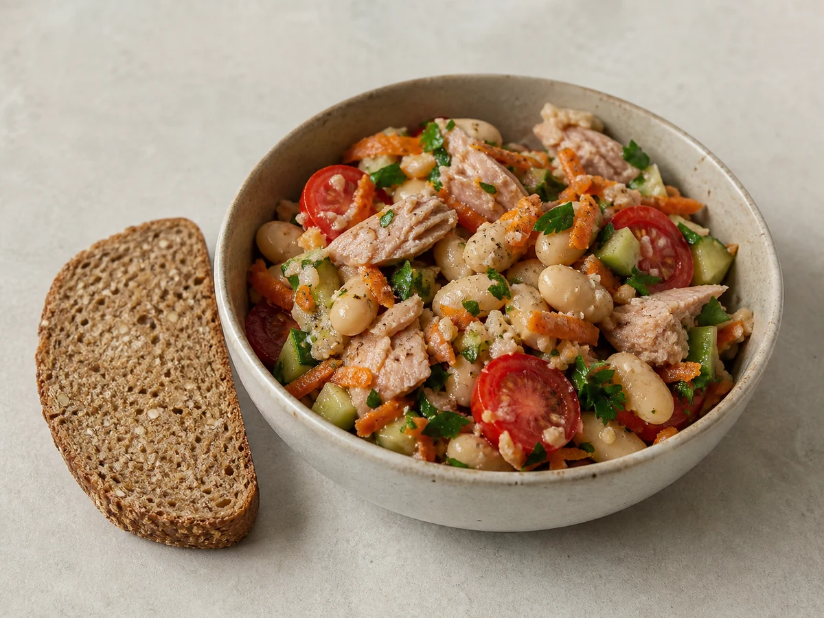 Tuna and White Bean Salad with Parsley. Tins and a lemon. Beans crushed a little so the dressing clings, tuna in large flakes, plenty of parsley.