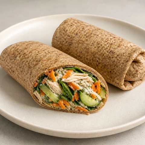 Chicken and Cucumber Wholegrain Wrap. Poached chicken, cucumber and grated carrot in a wholegrain wrap with a yoghurt dressing. Assembles in the time the chicken rests.