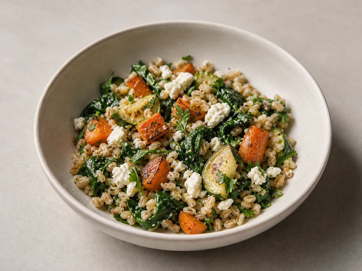 Pearl Barley and Roast Vegetable Salad. Barley cooked until it splits, tossed warm with roast carrot and zucchini so it takes up the dressing rather than sitting in it.