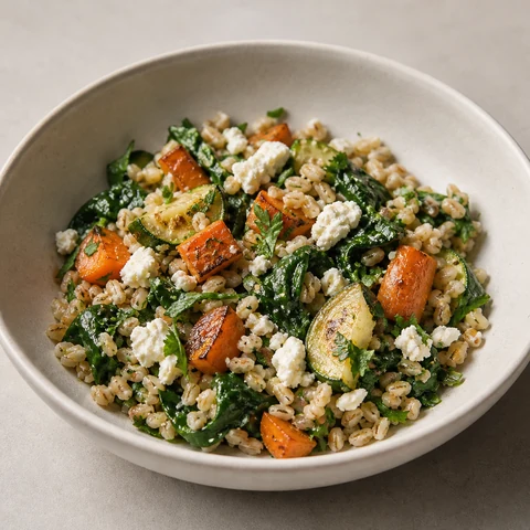 Pearl Barley and Roast Vegetable Salad. Barley cooked until it splits, tossed warm with roast carrot and zucchini so it takes up the dressing rather than sitting in it.