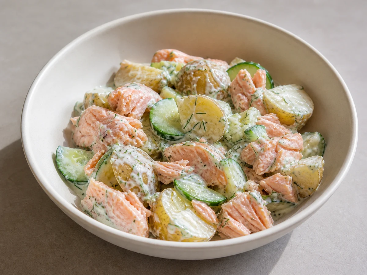 Roast Salmon with Warm Potato and Dill. Roast salmon flaked over warm potatoes with a dill-yoghurt dressing instead of mayonnaise.